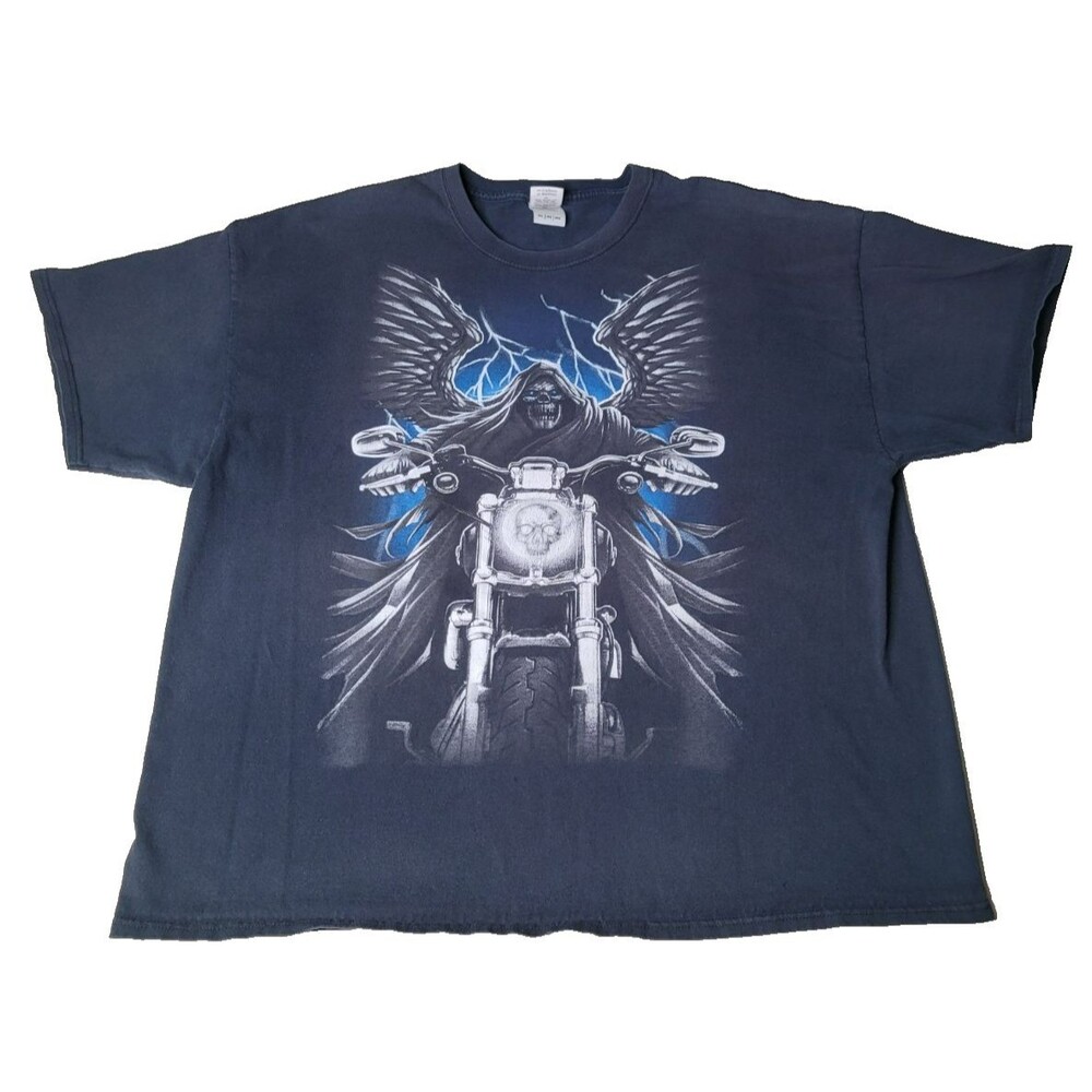 VTG Y2K Skull Reaper Harley Chopper Wings Graphic Tee Grunge Black Mens 3X Shirt